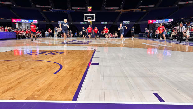 The Louisiana House team gets out on a breakaway against the Louisiana Senate basketball team in the New Orleans Pelicans HoopLA event.